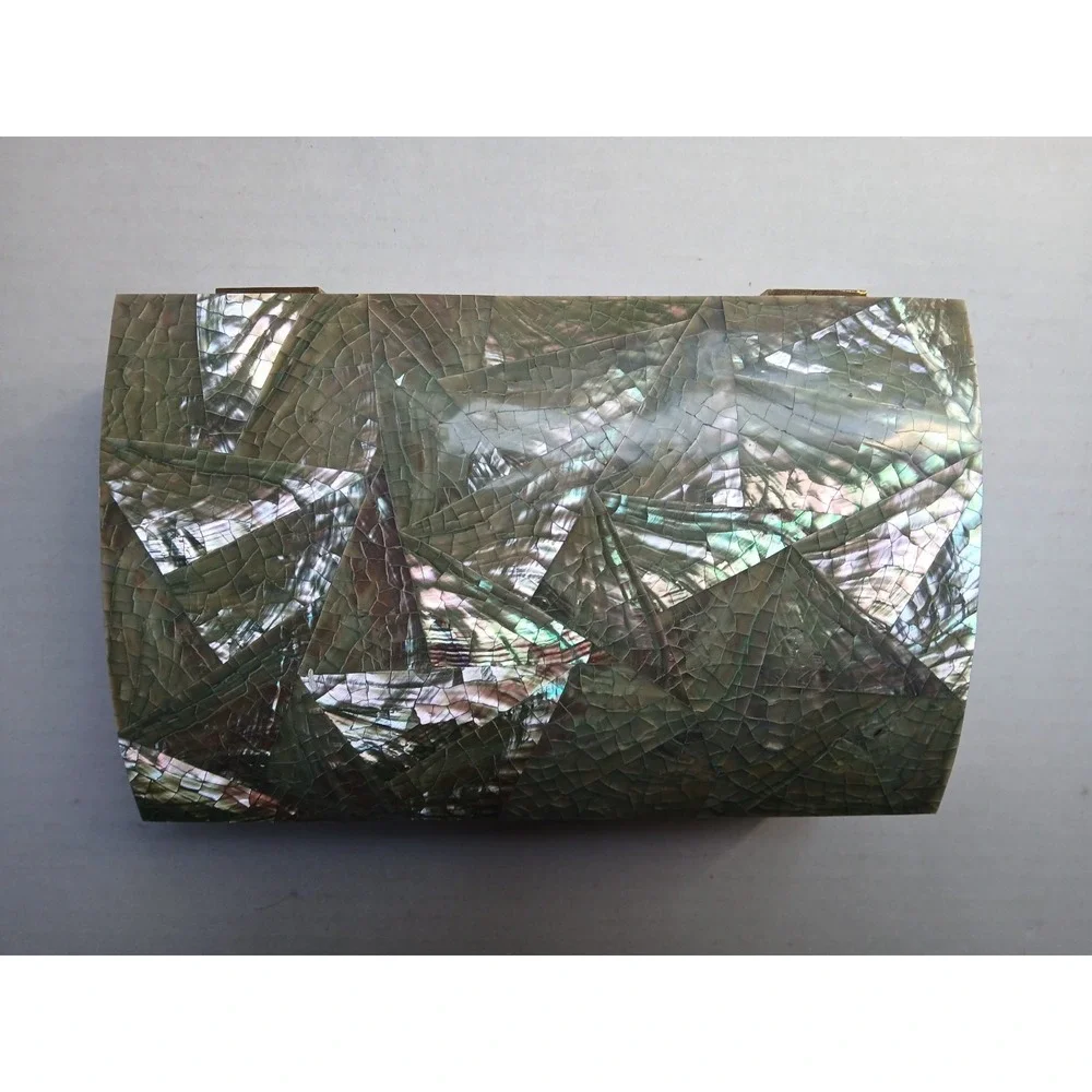 Vintage Iridescent Crackled Abalone‎ Mosaic Humpback Jewelry Box w/red Interior